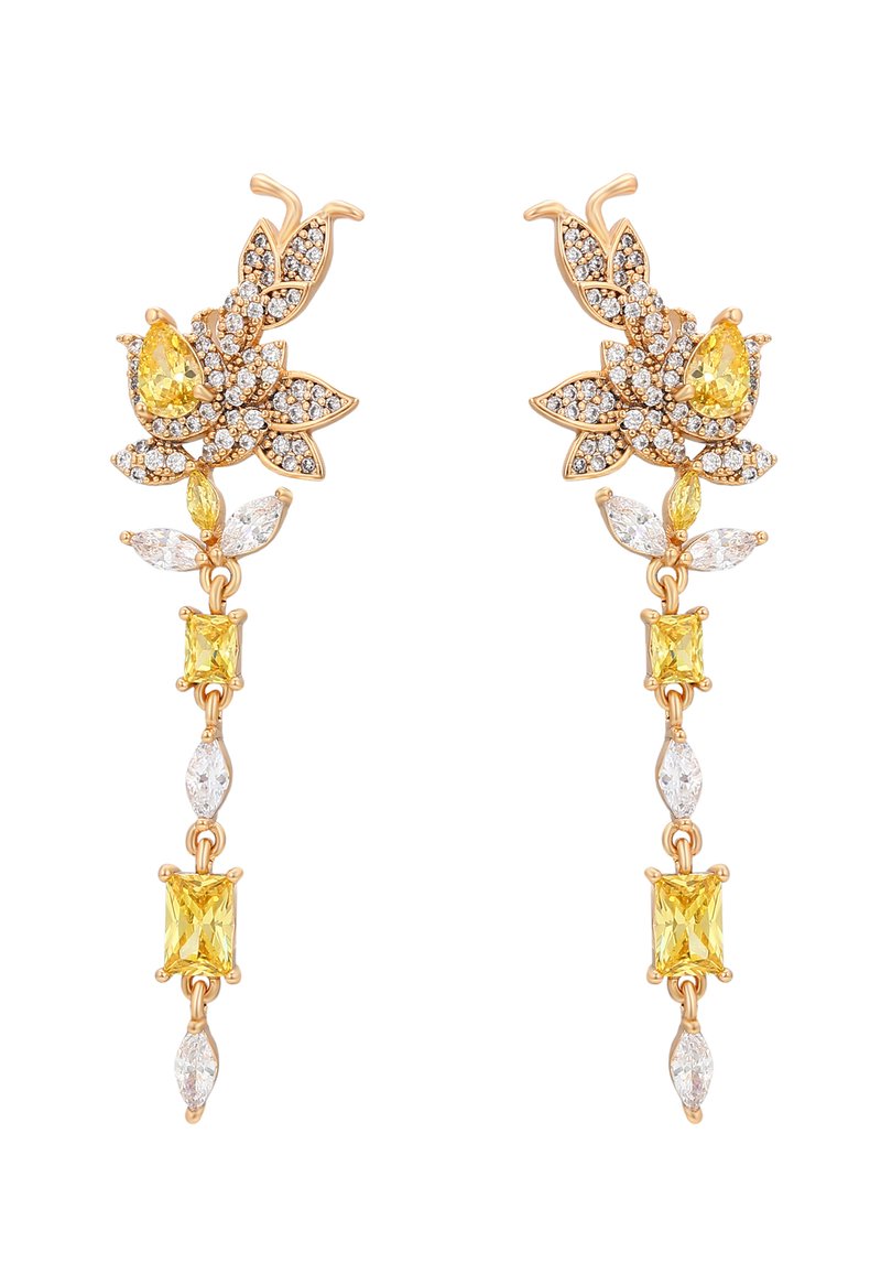 Orecchini floreali in tono oro con gemme gialle e trasparenti disposte a forma di petali e gocce, caratterizzati da dettagli intricati e brillanti.
