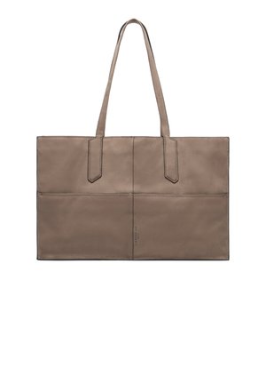 Jasnoszara torba typu tote wykonana ze skóry, z dwoma długimi uchwytami, o prostokątnym kształcie, gładkiej fakturze i widocznych detalach przeszyć. Posiada cztery pionowe sekcje.
