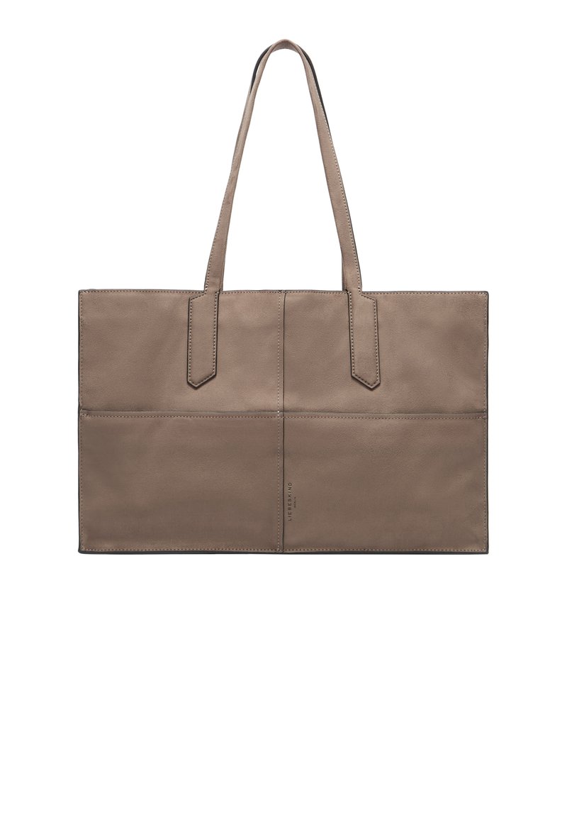 Sac fourre-tout en cuir gris clair avec deux longues poignées, forme rectangulaire, texture lisse et détails de couture visibles. Comprend quatre sections verticales.