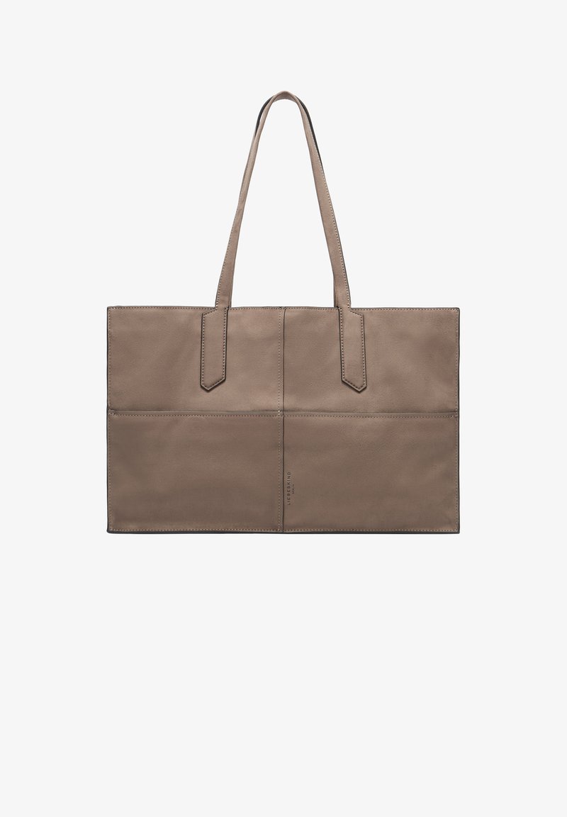 Sac fourre-tout en cuir gris clair avec deux longues poignées, forme rectangulaire, texture lisse et détails de couture visibles. Comprend quatre sections verticales.