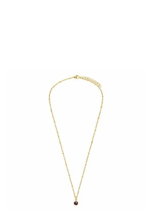 Gouden ketting met een ronde paarse edelsteen hanger, fijne schakels en een verstelbare sluiting met verlengkettinkje.