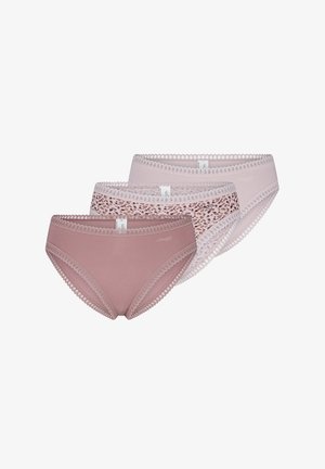 Three pairs of women's briefs in varying shades of pink, featuring lace trim and a leopard print design on the center pair.