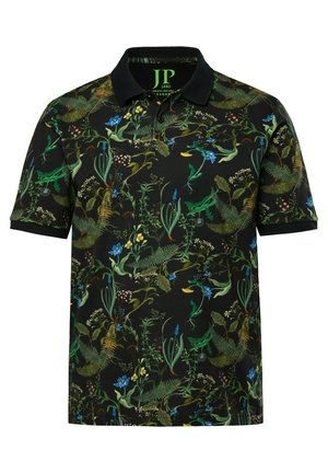 Kurzarm-Polohemd aus Baumwolle, mit schwarzem Hintergrund und bunten Blumen- und Blattmustern. Enthält einen Kragen und ein Logodetail.