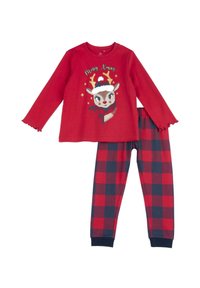 Completo pigiama rosso composto da una maglietta a maniche lunghe con una grafica di una renna e il testo "Buon Natale"; pantaloni a quadri rossi e blu navy con vita elasticizzata.