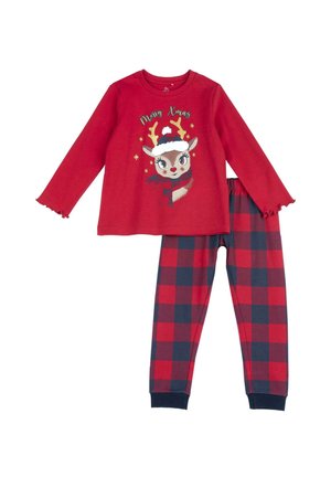 Completo pigiama rosso composto da una maglietta a maniche lunghe con una grafica di una renna e il testo "Buon Natale"; pantaloni a quadri rossi e blu navy con vita elasticizzata.