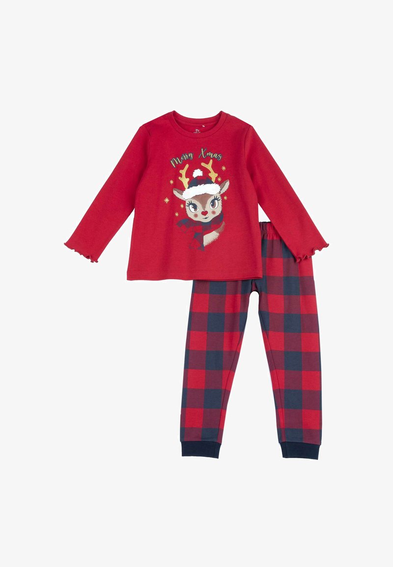 Completo pigiama rosso composto da una maglietta a maniche lunghe con una grafica di una renna e il testo "Buon Natale"; pantaloni a quadri rossi e blu navy con vita elasticizzata.