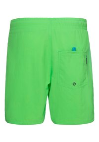 Žalios maudymosi šortai su elastinga juostos, užpakaliniu kišenėmis su sagos uždarymu ir kilpiniu detaliu. Lengvas audinys ir lygus tekstūra.