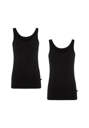 Schwarze Baumwoll-Tanktops mit breiten Trägern und Rundhalsausschnitten, die ein figurbetontes Design aufweisen und keine Muster haben, aus einer Frontansicht dargestellt.