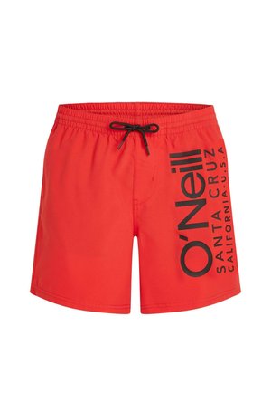 Punased ujumispüksid musta nööriga ja suure musta "O'Neill Santa Cruz California U.S.A" teksti vertikaalselt paremal jalal trükitud.