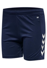 Navy blue athletic shorts with a smooth texture, featuring a white chevron pattern on the left side and an elastic waistband.