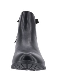 Stivaletto in pelle nera con finitura liscia, punta rotonda e suola in gomma testurizzata. Presenta un piccolo dettaglio a fiocco sul lato.