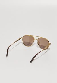 Ochelari de soare aviator din metal auriu cu lentile maro și detalii laterale intricate. Temelurile au un model de țestoasă aproape de vârfuri.