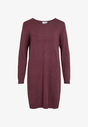 Burgundy knitted dress with a round neckline, long sleeves, and ribbed cuffs. Features side slits and a relaxed fit. Soft texture.