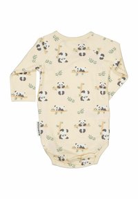 Kerman pitkähihaisen vauvan body, jossa on toistuva pandakarhu-kuvio oksilla ja sirotetut vihreät lehdet.