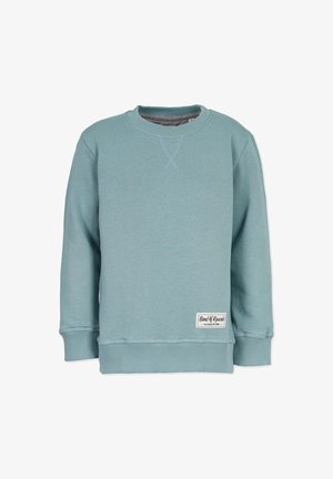 Lysblå crewneck sweatshirt lavet af blødt stof, med ribbede manchetter og kant, samt et lille mærke nederst til højre.