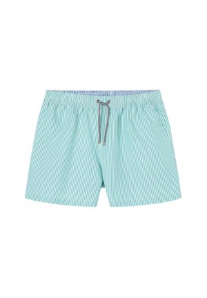 Costumi da bagno a righe blu chiaro e bianche con vita elasticizzata, chiusura con cordino e tasche laterali. Tessuto misto cotone.