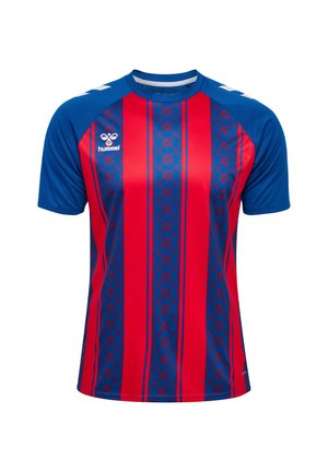 Rotes und blaues kurzärmeliges Trikot mit vertikalen Streifen und Karo-Muster, aus atmungsaktivem Material gefertigt. Enthält ein Logo auf der Brust.