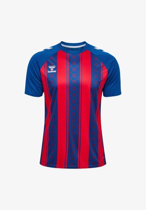 Rotes und blaues kurzärmeliges Trikot mit vertikalen Streifen und Karo-Muster, aus atmungsaktivem Material gefertigt. Enthält ein Logo auf der Brust.