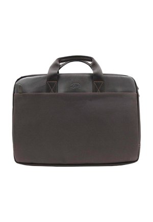 Mallette rectangulaire noire avec double poignée, poche avant zippée et logo en relief discret au-dessus de la poche.