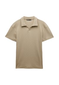 Beige kortærmet polo-shirt med strukturert ribbet stof, foldet krave og en V-formet stolpe. Lige snit i kanten.