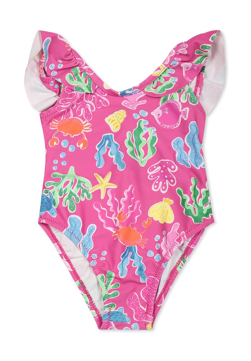 Costume da bagno rosa per bambini con motivi colorati a tema marino, spalline arricciate e una vestibilità aderente. Presenta granchi, pesci e coralli.