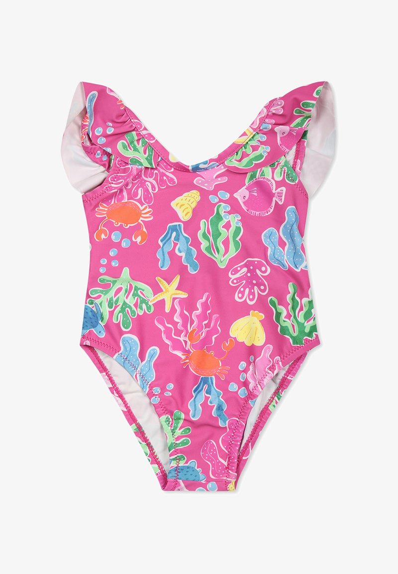 Costume da bagno rosa per bambini con motivi colorati a tema marino, spalline arricciate e una vestibilità aderente. Presenta granchi, pesci e coralli.