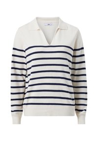Maglione a V in crema con righe orizzontali blu navy. Presenta maniche lunghe e polsini e orlo a costine. Texture morbida.