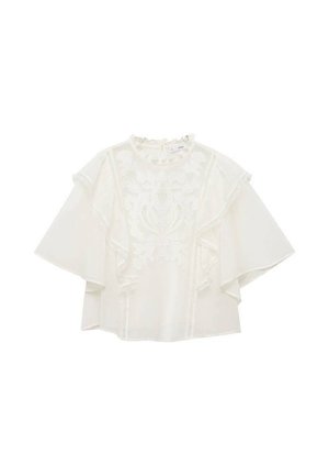 Biała bluzka z falbanami na rękawach i misternym haftem kwiatowym. Gładki materiał, wysoki dekolt i zapięcie na guziki z tyłu.