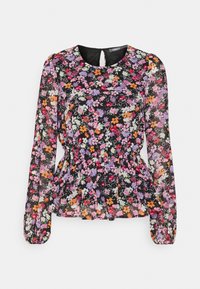 Blouse noire à fleurs avec manches longues, taille peplum, présentant des fleurs multicolores vives et un col rond avec une ouverture en clé à l'arrière.