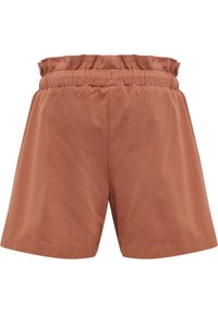 Braune Baumwollshorts mit einem elastischen Bund, einer lockeren Passform und ohne Taschen. Der Stoff hat eine glatte Textur und eine matte Oberfläche.