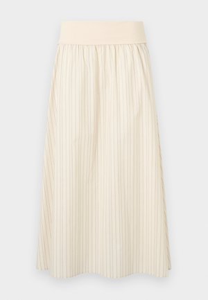 Jupe crème plissée avec fines rayures verticales, dotée d'une ceinture élastique douce. Fabriquée en tissu léger pour le confort.