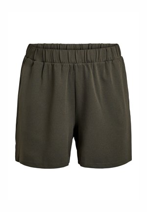 Dark green shorts with an elastic waistband, made from lightweight fabric. Smooth texture, loose fit, and no visible pockets or detailing.