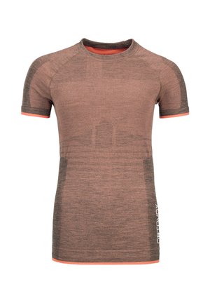 Short-sleeve athletic shirt in a reddish-brown color with gray accents. Features a round neckline and contrasting orange trim on sleeves.