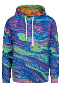 Sudadera con capucha colorida y vibrantes remolinos de azul, rosa, verde y amarillo. Cuenta con un bolsillo frontal y cordones blancos. Material suave.