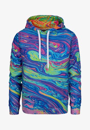 Kleurrijke pullover hoodie met vibrante draaikolken van blauw, roze, groen en geel. Voorzien van een voork pocket en witte trekkoorden. Zacht materiaal.