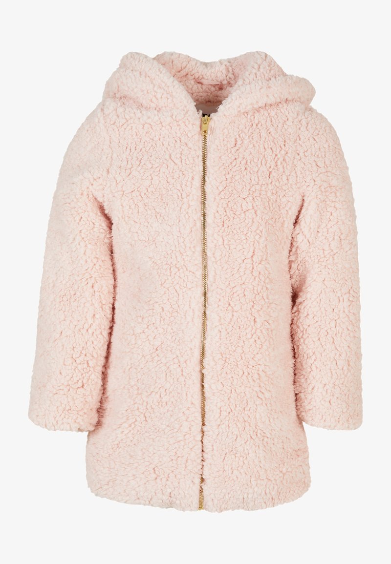 Rosa, hettegenser laget av fleece med en myk, teksturert overflate. Har en gull glidelås foran. Passer for kjølig vær.