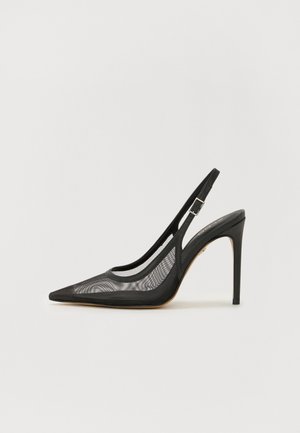 Black pointed-toe pump featuring a mesh design, ankle strap with a silver buckle, and a high stiletto heel. Smooth texture overall.
