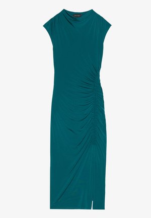 Robe turquoise avec des manches courtes, présentant un détail froncé sur le côté, une coupe au genou et une fente à l'ourlet pour un ajout de design.