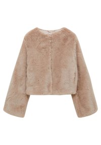 Kort fuskpälsjacka i ljusbeige, med rund halsringning, sänkta axlar och en kortad siluett. Mjuk textur och utan stängning.