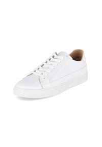 Białe skórzane sneakersy z zaokrąglonym noskiem, płaską gumową podeszwą i sznurowanym przodem. Charakteryzują się minimalistycznym designem, gładką fakturą i tonowym przeszyciem.