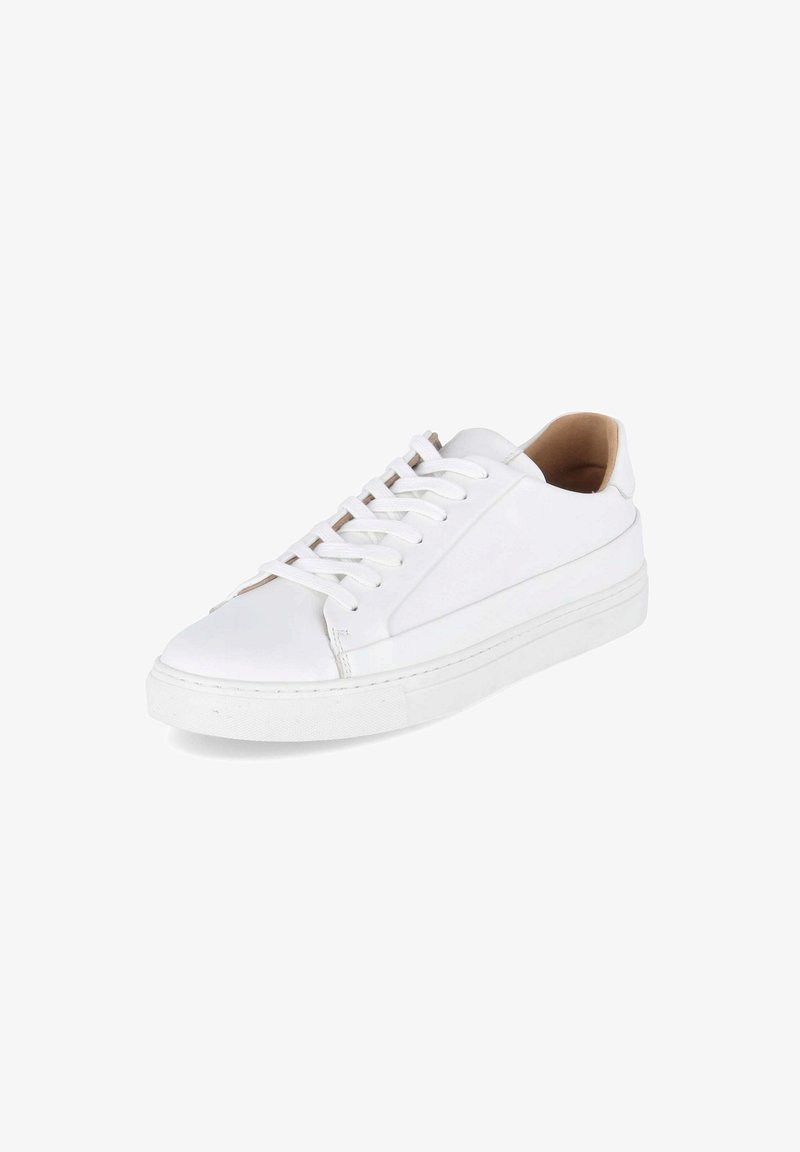 Białe skórzane sneakersy z zaokrąglonym noskiem, płaską gumową podeszwą i sznurowanym przodem. Charakteryzują się minimalistycznym designem, gładką fakturą i tonowym przeszyciem.
