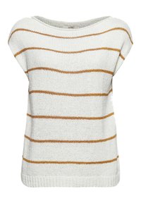 Valkoinen neulepaita leveällä pääntiellä ja lyhyillä hihoilla, jossa vaakasuorat kultaiset raidat. Kankaan pinta on teksturoitu ja malli on löysä ja rento.