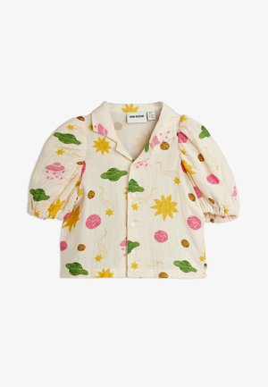 Children's cream button-up shirt with puff sleeves, featuring colorful space-themed prints of suns, planets, stars, comets, and UFOs.