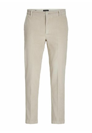 Pantalons en velours côtelé beige à coupe droite, dotés d'une fermeture à bouton à l'avant, de passants de ceinture et de fines rayures texturées.