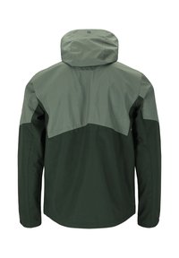Men's waterproof jacket in two-tone green, featuring a hood, seamless shoulders, and a smooth, matte finish. No visible hardware details.