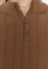 Hnědý pletený pulovr s vysokým límcem, který má čtyři kulaté hnědé knoflíky a légou na krku. Textura je měkká a elastická.