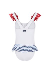 Witte badkleding met rode stippenruches en een blauw gestreepte peplum. Heeft een V-rug ontwerp en een klein logo label op de borst.