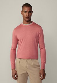 Helles rosa Sweatshirt aus weichem Strick mit langen Ärmeln und Rundhalsausschnitt, kombiniert mit beigen Hosen. Der Stoff hat eine glatte Textur.