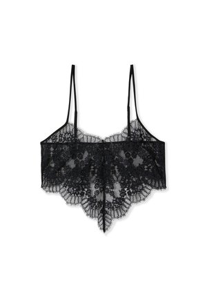 Bralette nera in pizzo con spalline regolabili, orlo smerlato, motivo floreale e tessuto semi-trasparente. Presenta una chiusura centrale con gancio.