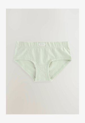 Boxeri mint verzi dintr-un material moale, având un elastic lat și un etichetă cu trei icoane în formă de inimă. Textură netedă și croială ajustată.